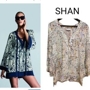 SHAN Cream & pastel multicolor Abstract Blouse 100% Silk Sz Large